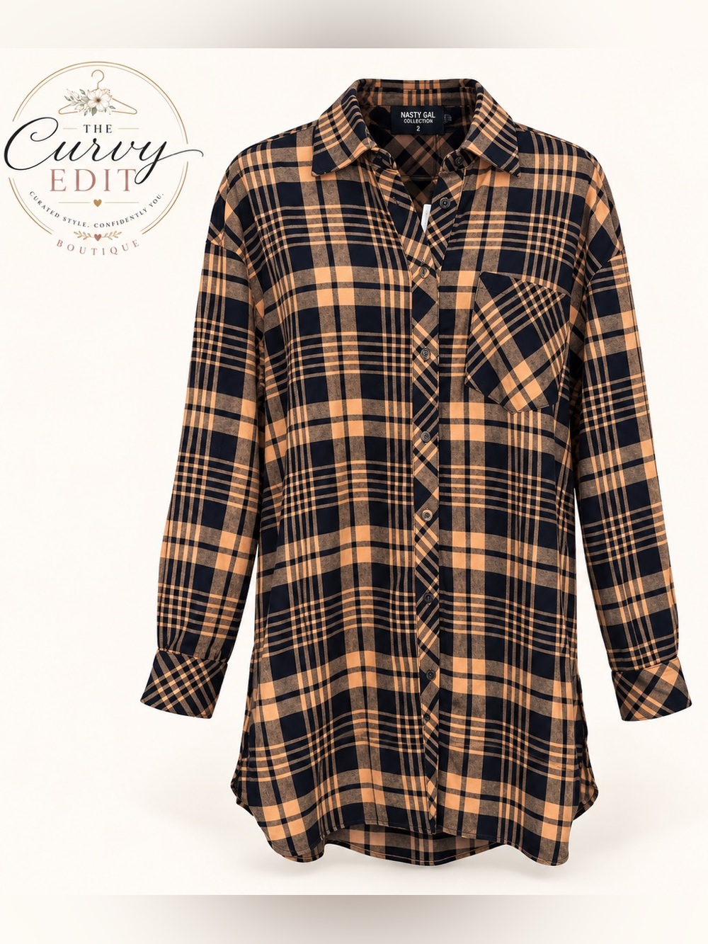 Nasty Gal Plaid Longline Flannel Button Down Shirt Tan Black Size 2 Fall Grunge